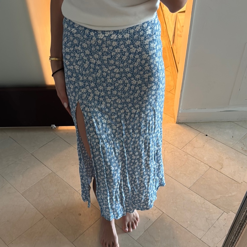 Reformation Blue and White Midi Pencil Skirt